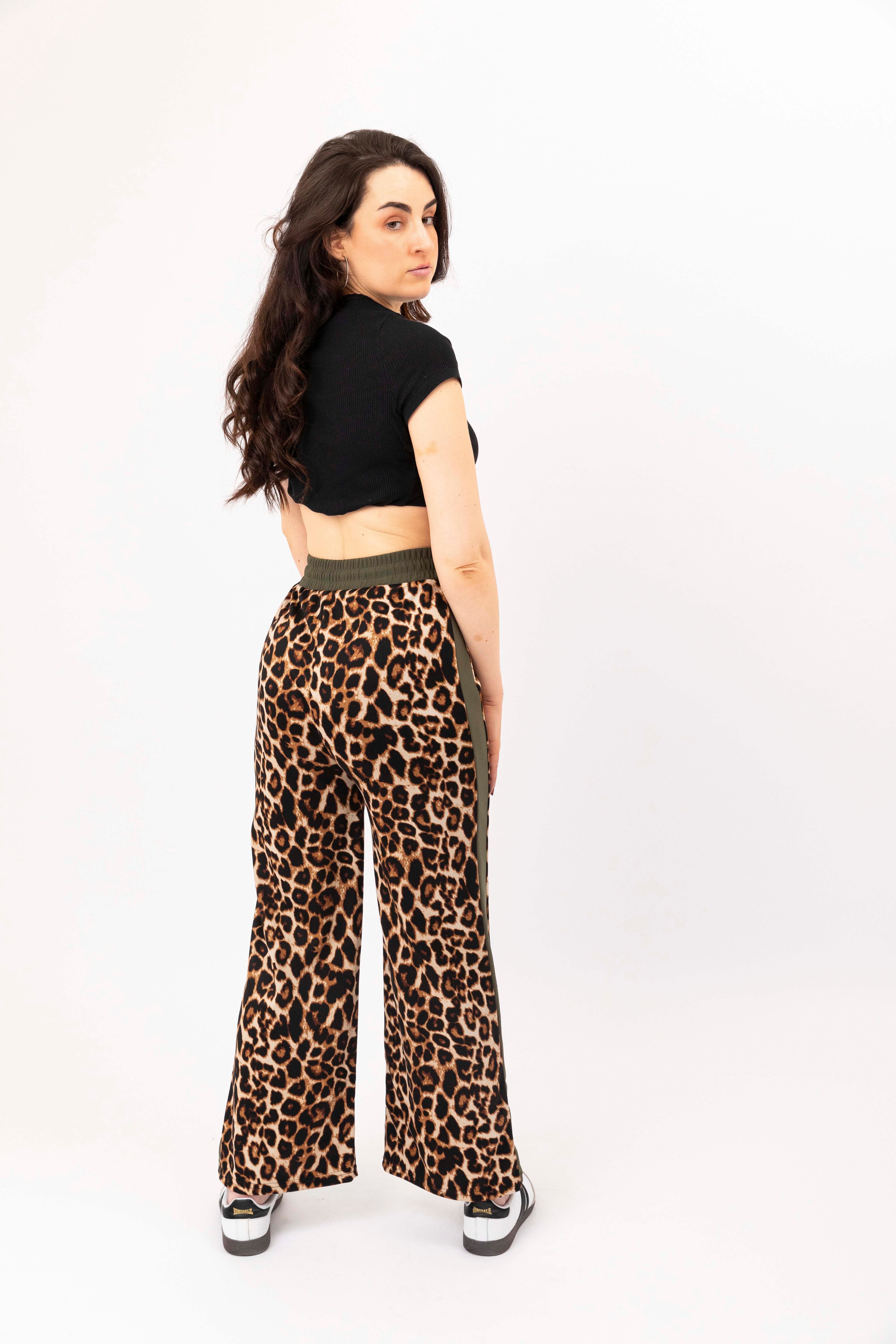 Wholesale Women's Leopard Print Colourbock Panel Wide Leg Drawstring Joggers (PACK OF 12)