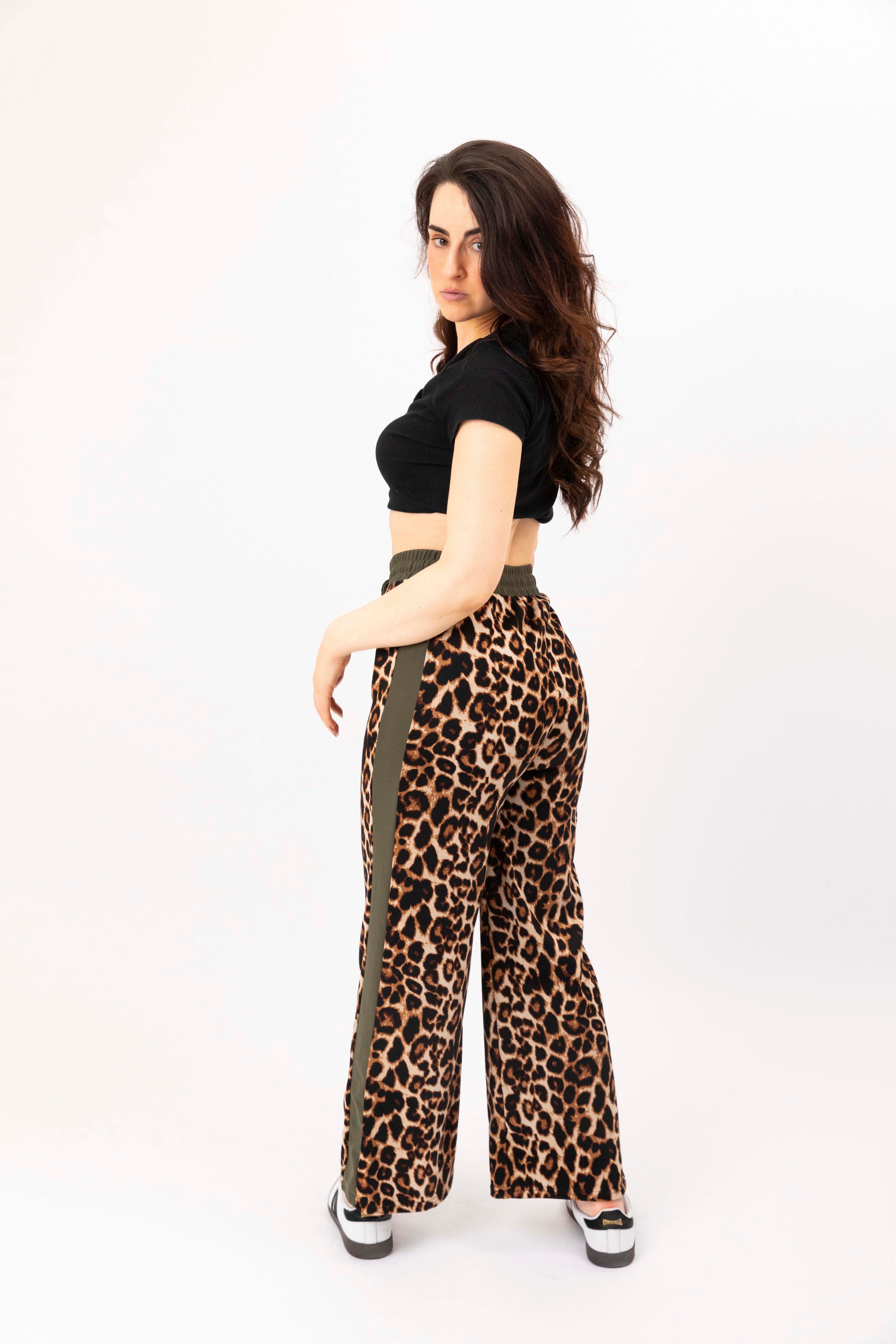 Wholesale Women's Leopard Print Colourbock Panel Wide Leg Drawstring Joggers (PACK OF 12)
