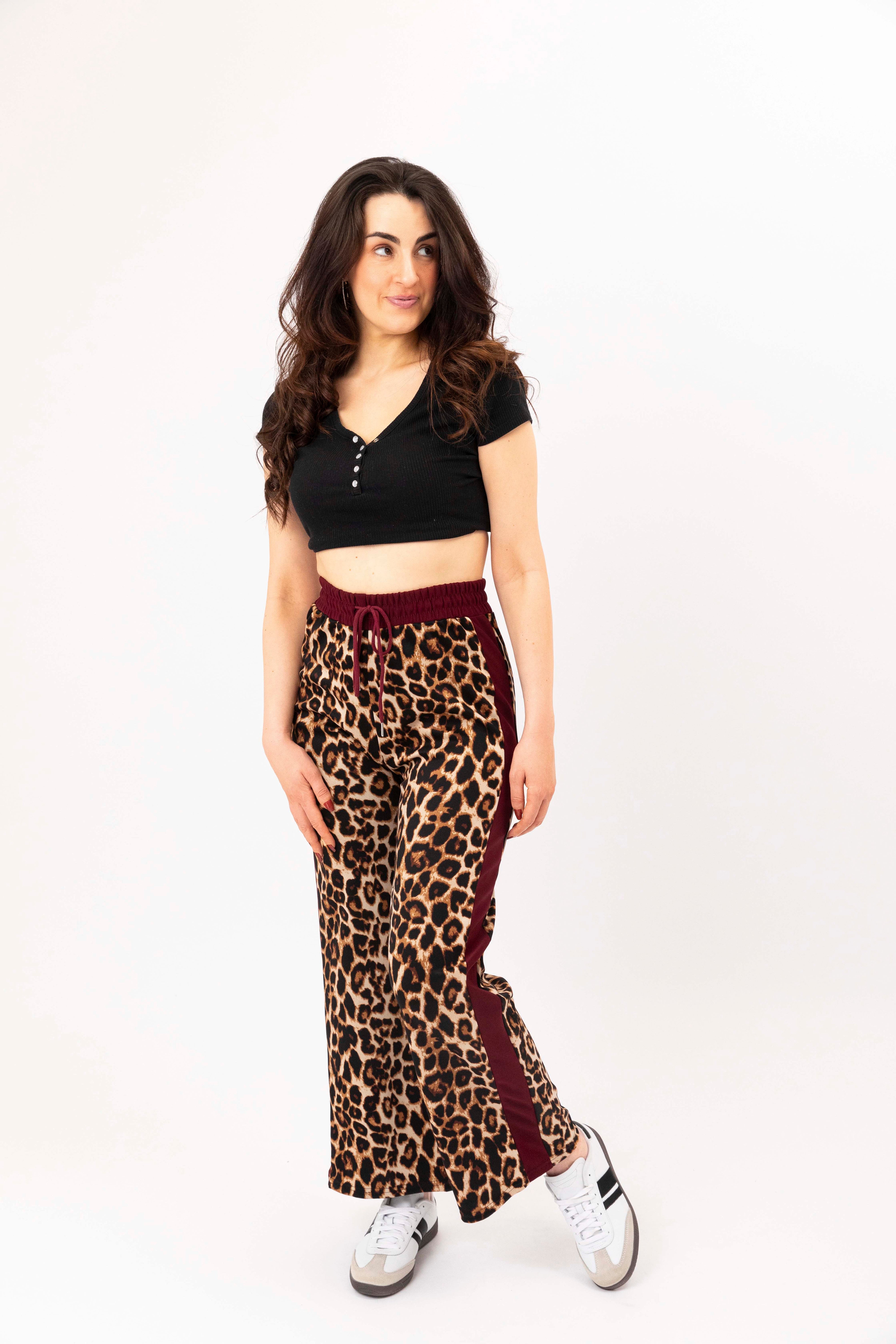 Wholesale Women's Leopard Print Colourbock Panel Wide Leg Drawstring Joggers (PACK OF 12)