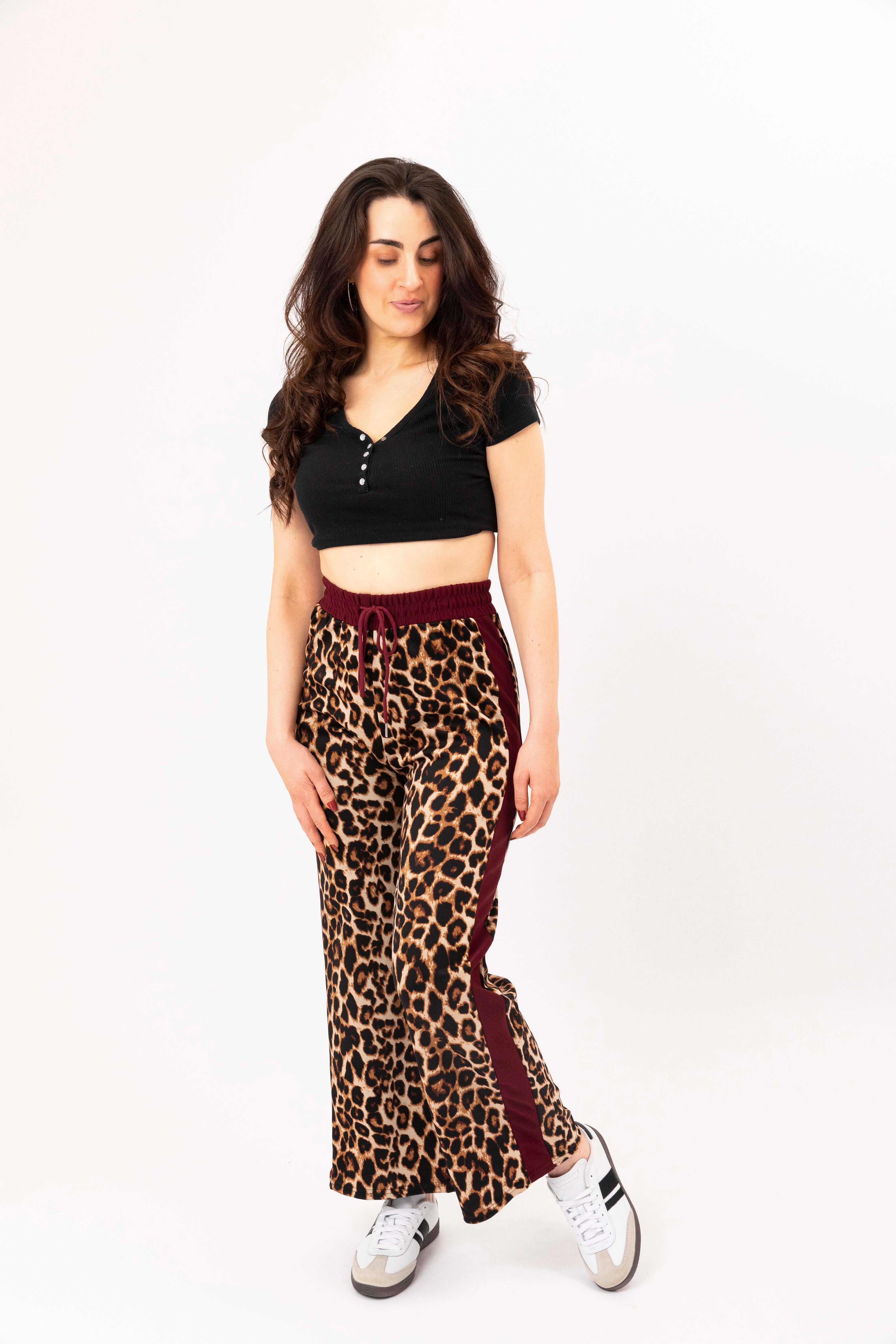 Wholesale Women's Leopard Print Colourbock Panel Wide Leg Drawstring Joggers (PACK OF 12)