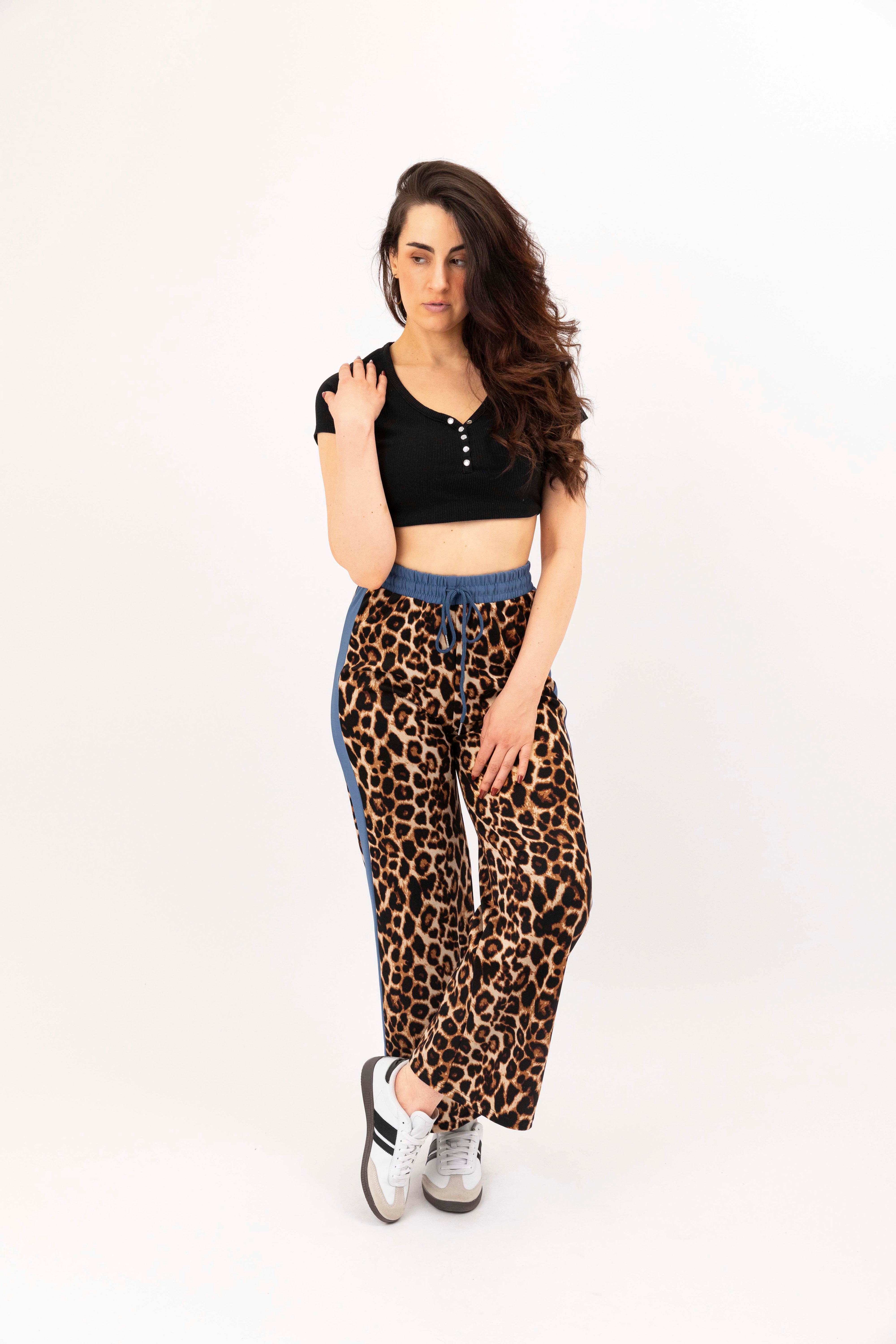 Wholesale Women's Leopard Print Colourbock Panel Wide Leg Drawstring Joggers (PACK OF 12)