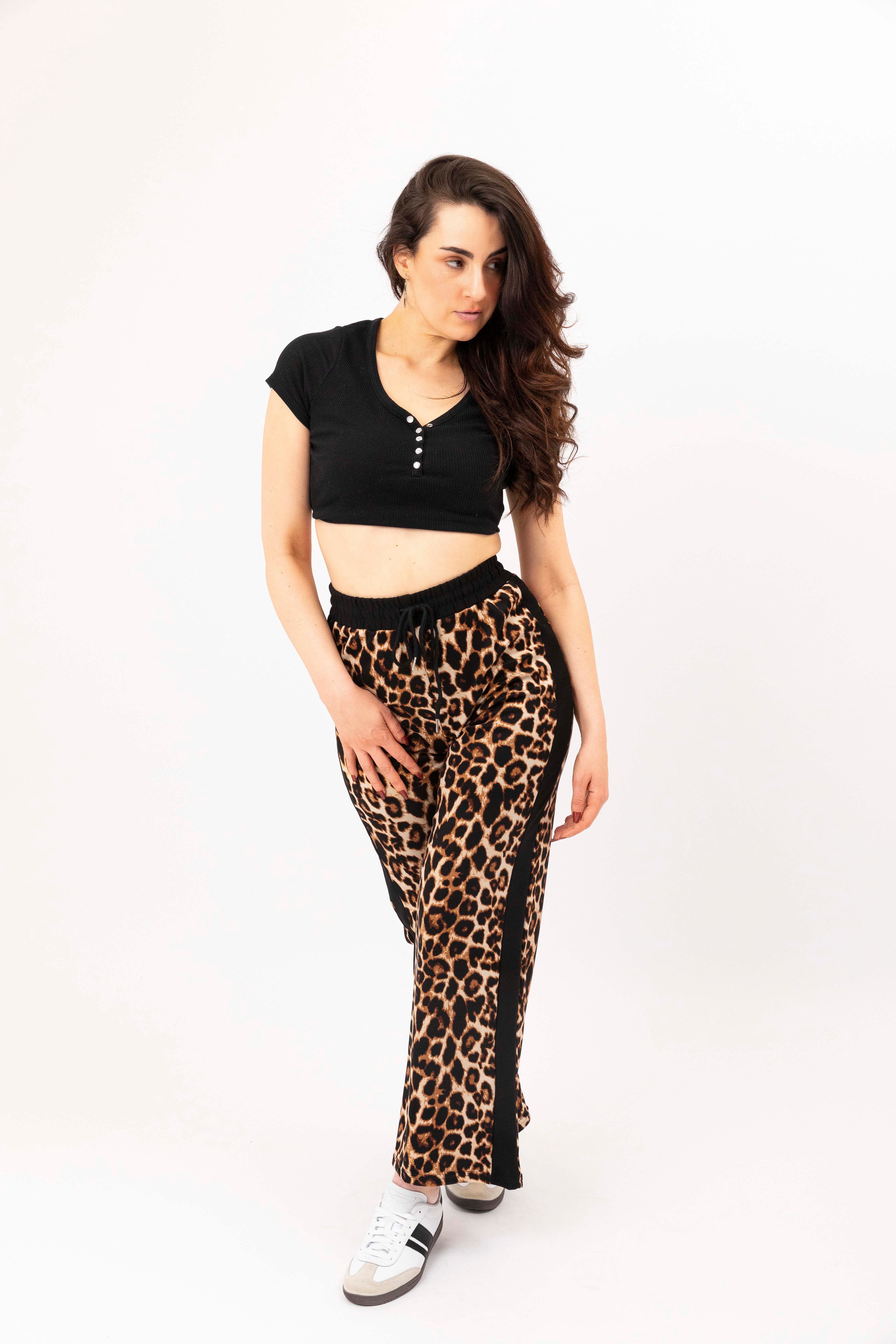Wholesale Women's Leopard Print Colourbock Panel Wide Leg Drawstring Joggers (PACK OF 12)