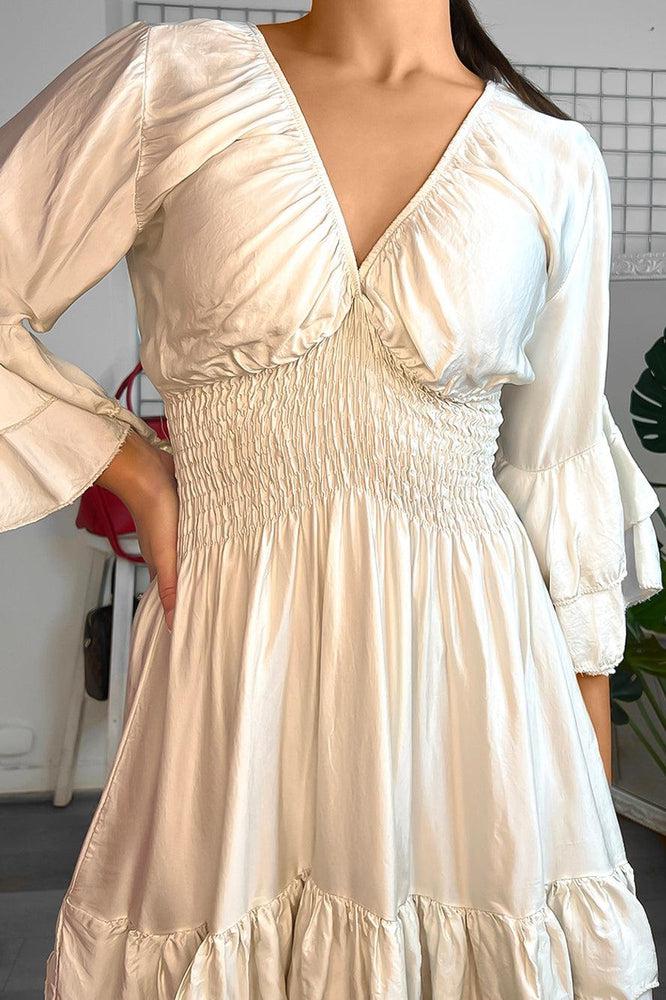 Shirred Wide Waist Deep V-Neck Mini Dress-SinglePrice