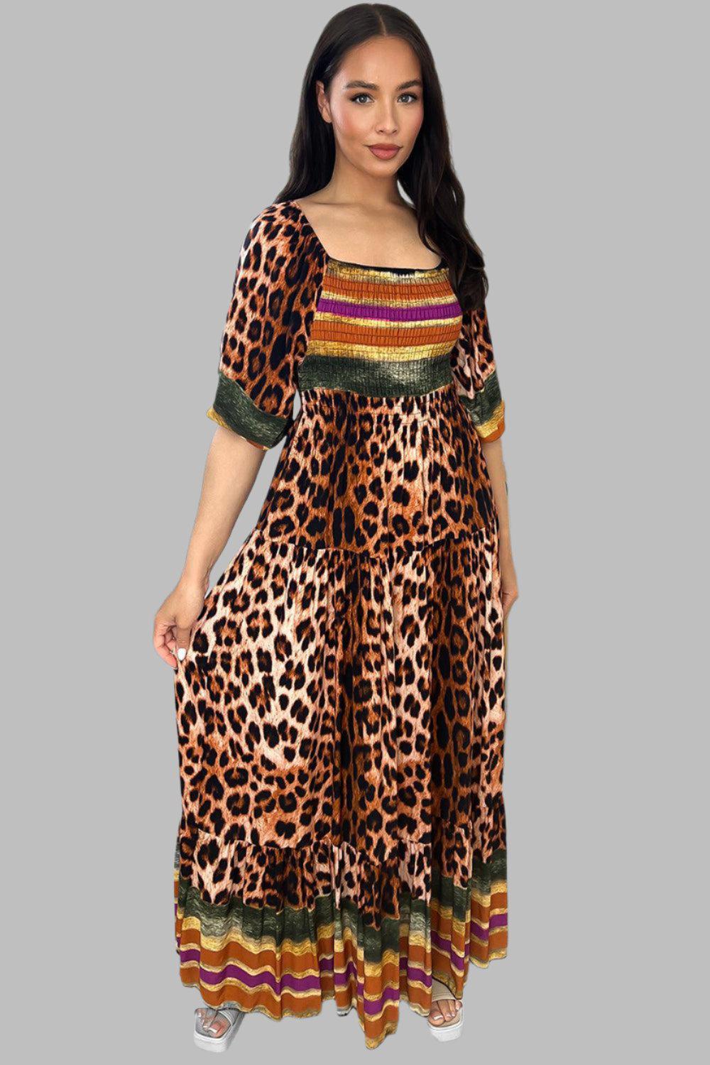 Multicolour Leopard Print Milkmaid Maxi Dress-SinglePrice