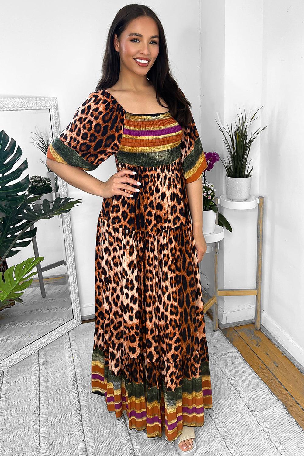 Multicolour Leopard Print Milkmaid Maxi Dress-SinglePrice