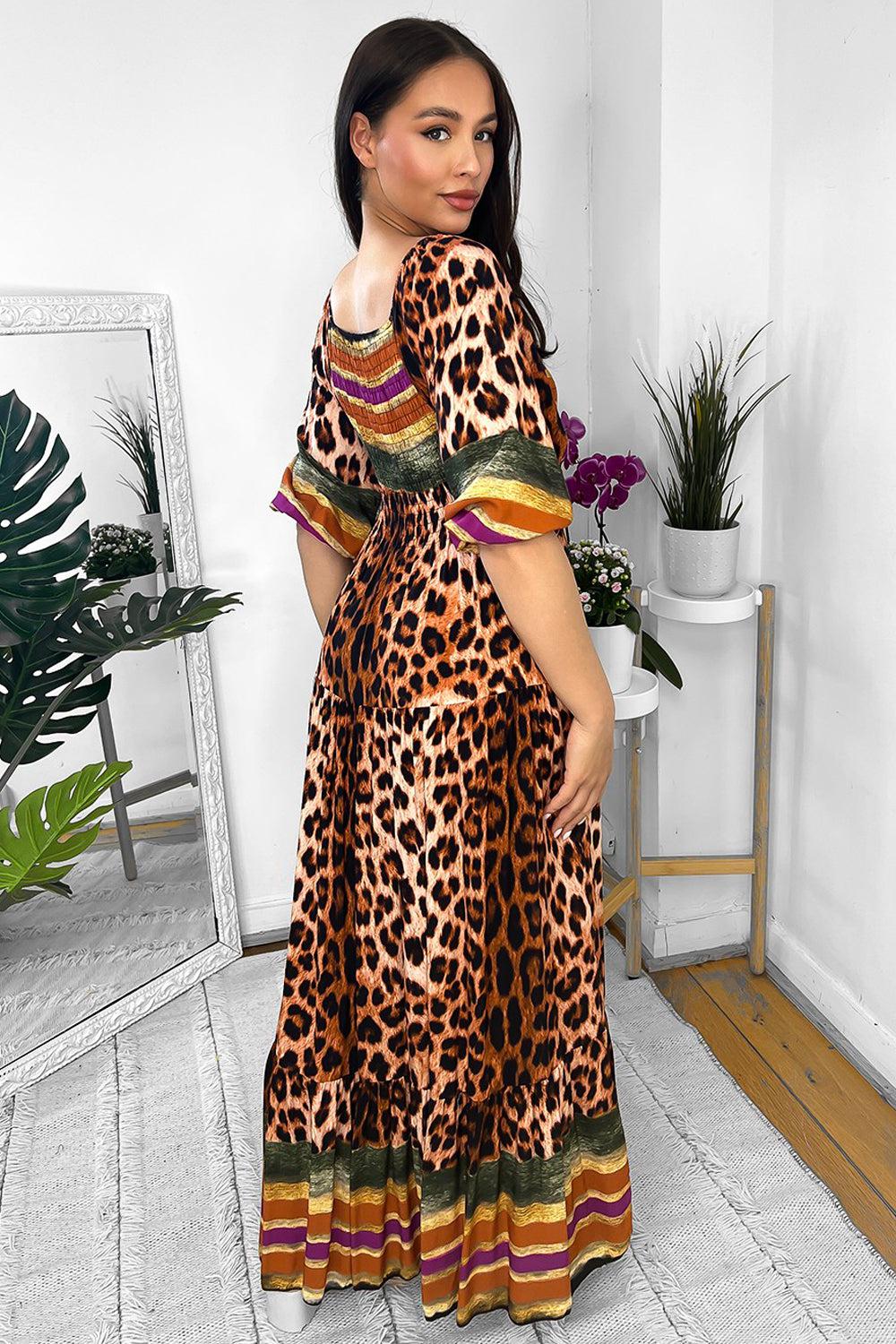 Multicolour Leopard Print Milkmaid Maxi Dress-SinglePrice