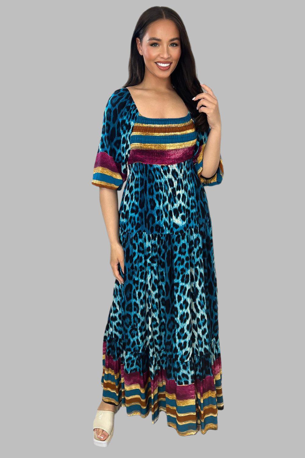 Multicolour Leopard Print Milkmaid Maxi Dress-SinglePrice