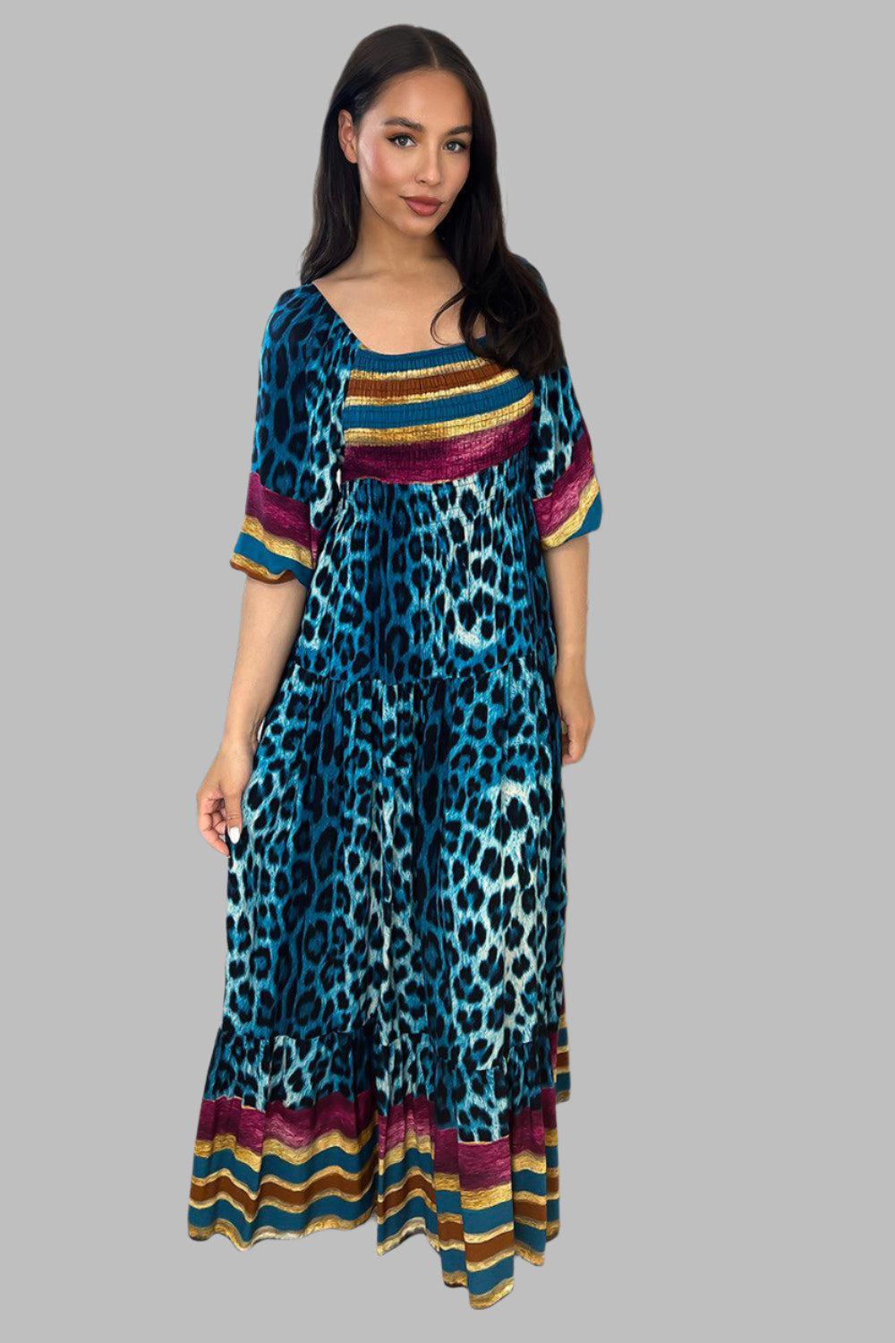 Multicolour Leopard Print Milkmaid Maxi Dress-SinglePrice