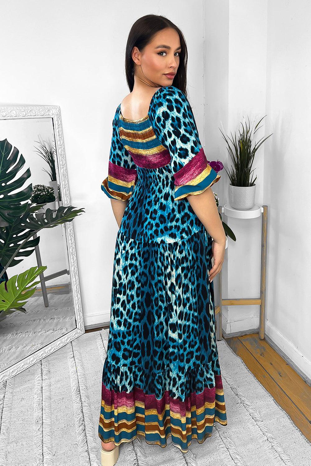 Multicolour Leopard Print Milkmaid Maxi Dress-SinglePrice