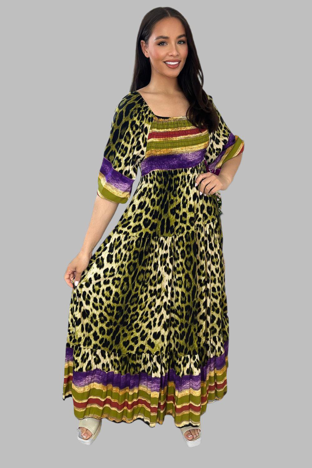 Multicolour Leopard Print Milkmaid Maxi Dress-SinglePrice