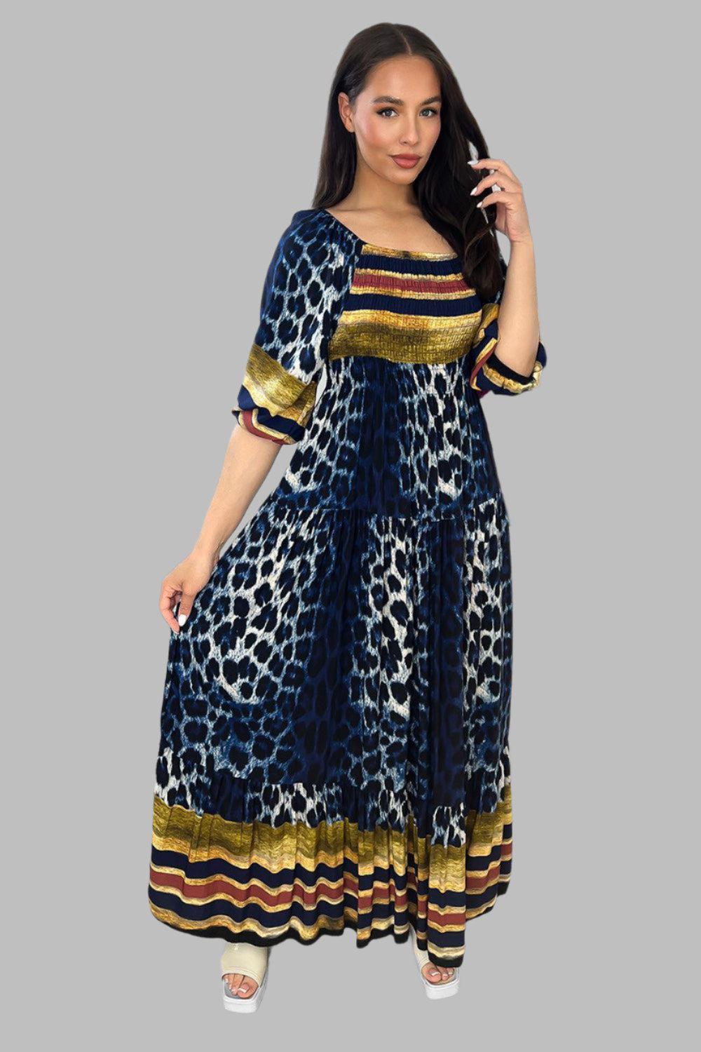 Multicolour Leopard Print Milkmaid Maxi Dress-SinglePrice