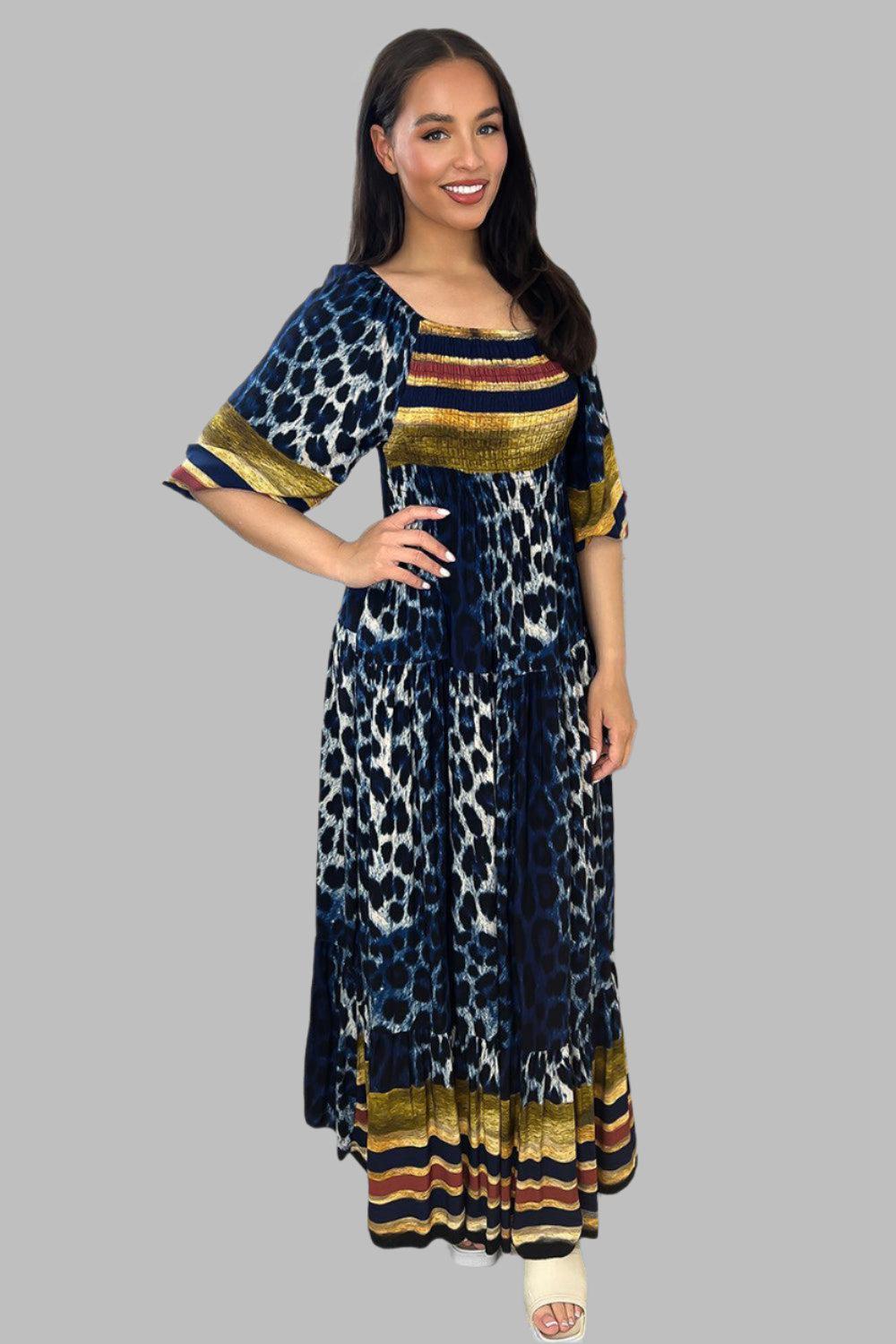 Multicolour Leopard Print Milkmaid Maxi Dress-SinglePrice