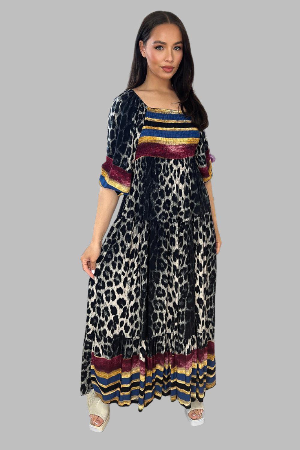 Multicolour Leopard Print Milkmaid Maxi Dress-SinglePrice