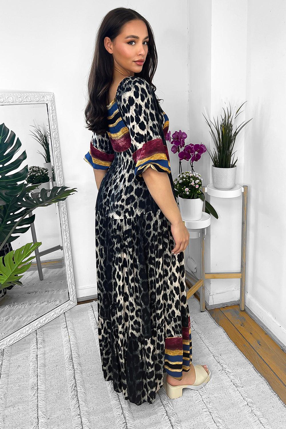 Multicolour Leopard Print Milkmaid Maxi Dress-SinglePrice