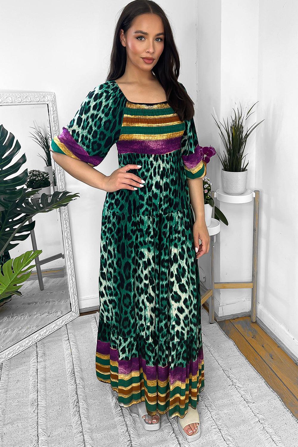 Multicolour Leopard Print Milkmaid Maxi Dress-SinglePrice