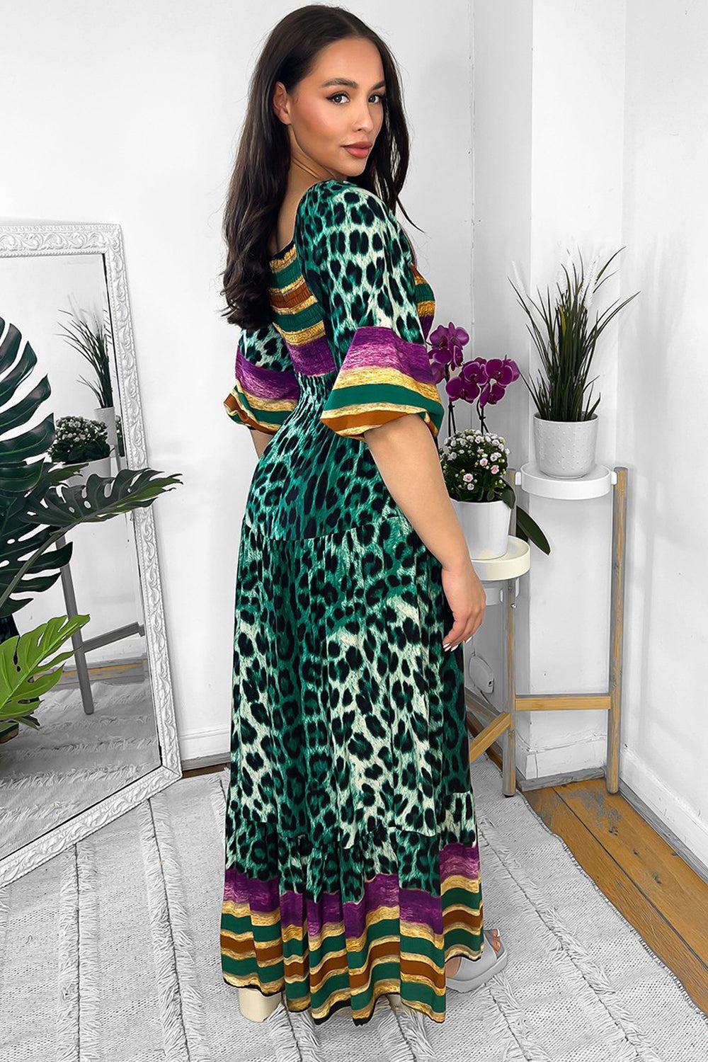 Multicolour Leopard Print Milkmaid Maxi Dress-SinglePrice