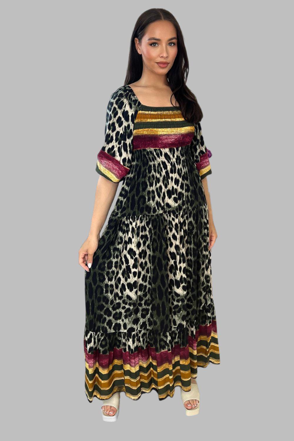 Multicolour Leopard Print Milkmaid Maxi Dress-SinglePrice