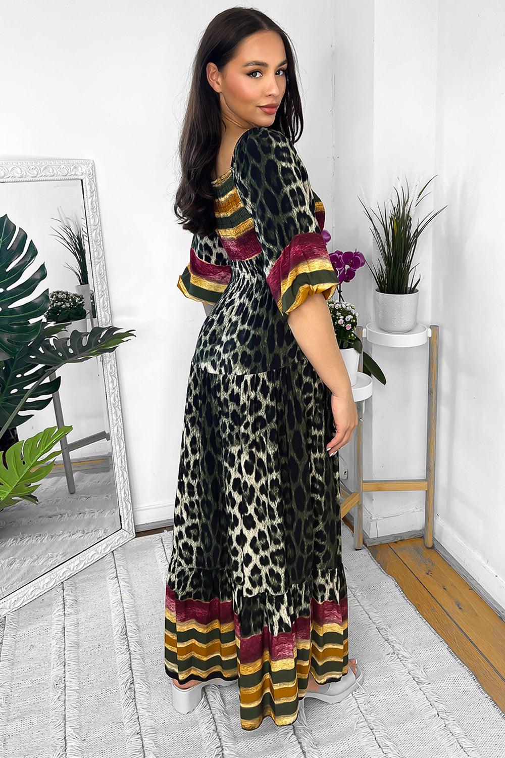 Multicolour Leopard Print Milkmaid Maxi Dress-SinglePrice