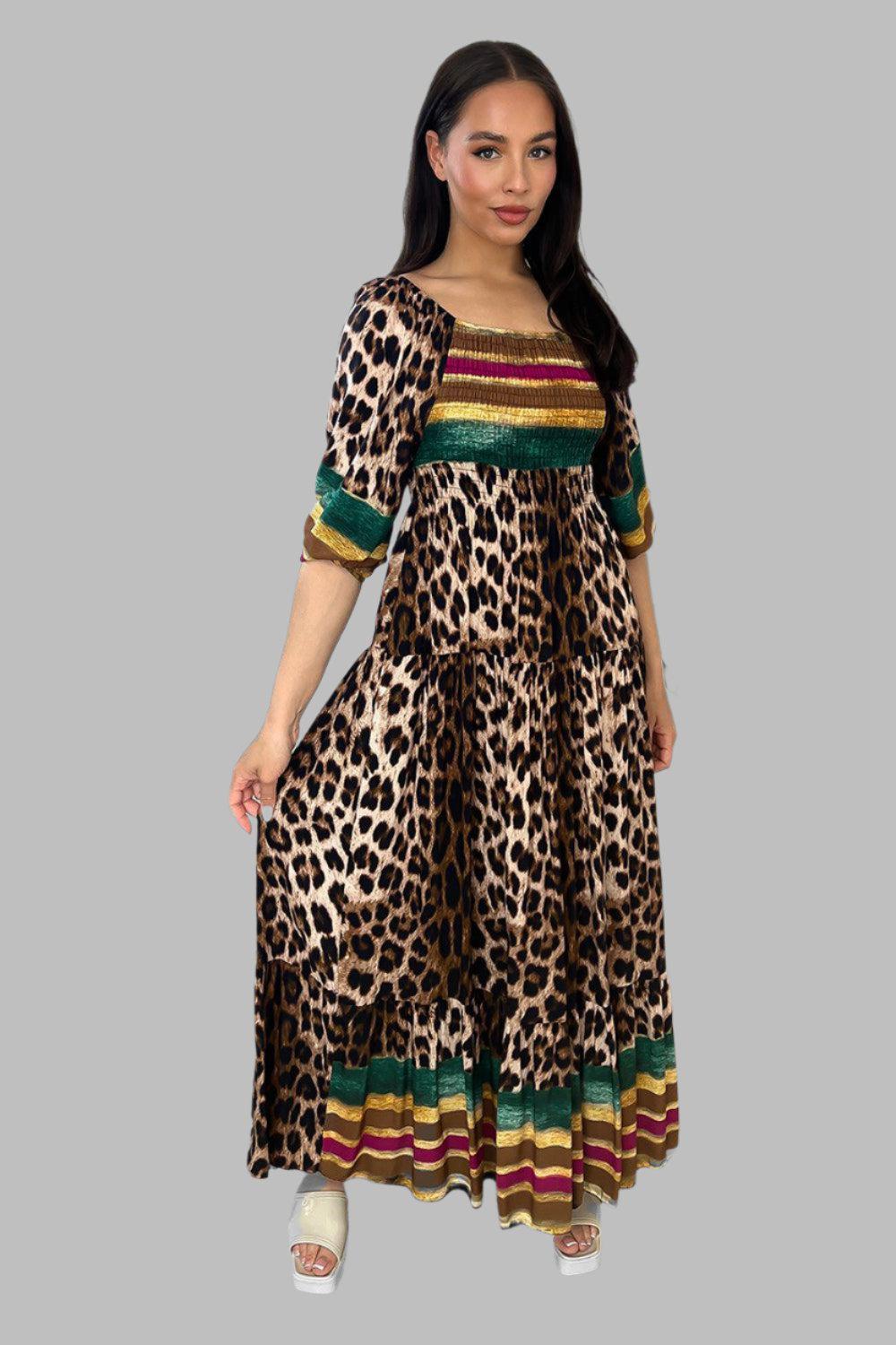 Multicolour Leopard Print Milkmaid Maxi Dress-SinglePrice