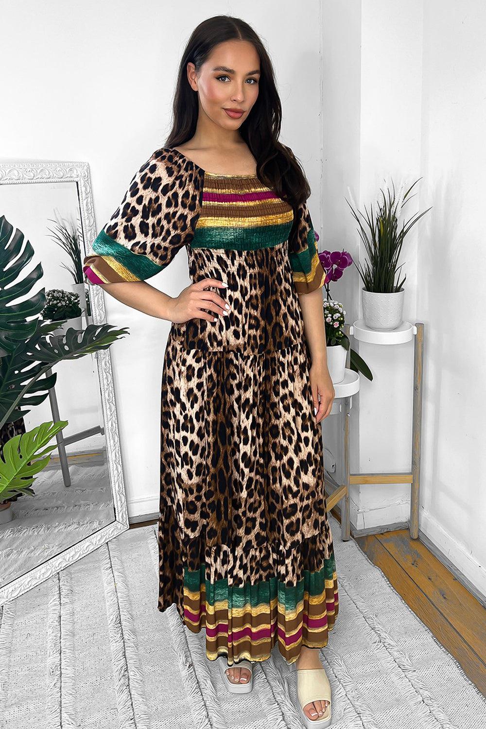 Multicolour Leopard Print Milkmaid Maxi Dress-SinglePrice