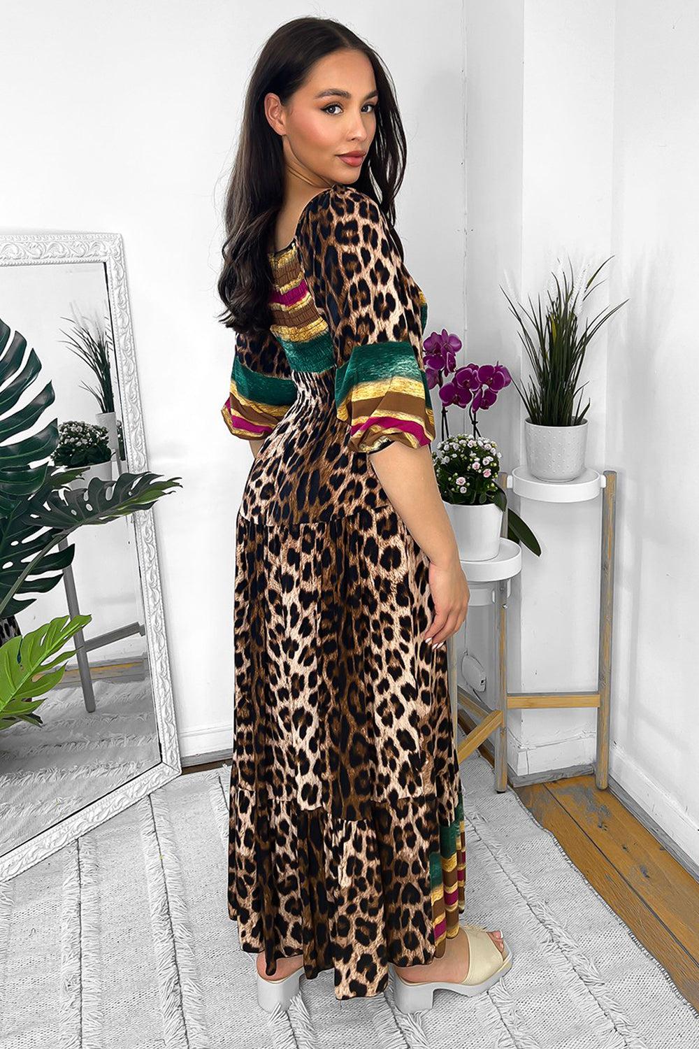 Multicolour Leopard Print Milkmaid Maxi Dress-SinglePrice