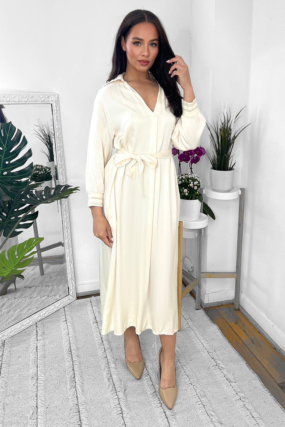 Silk Blend Satin Belted Midi Shirt Dress-SinglePrice