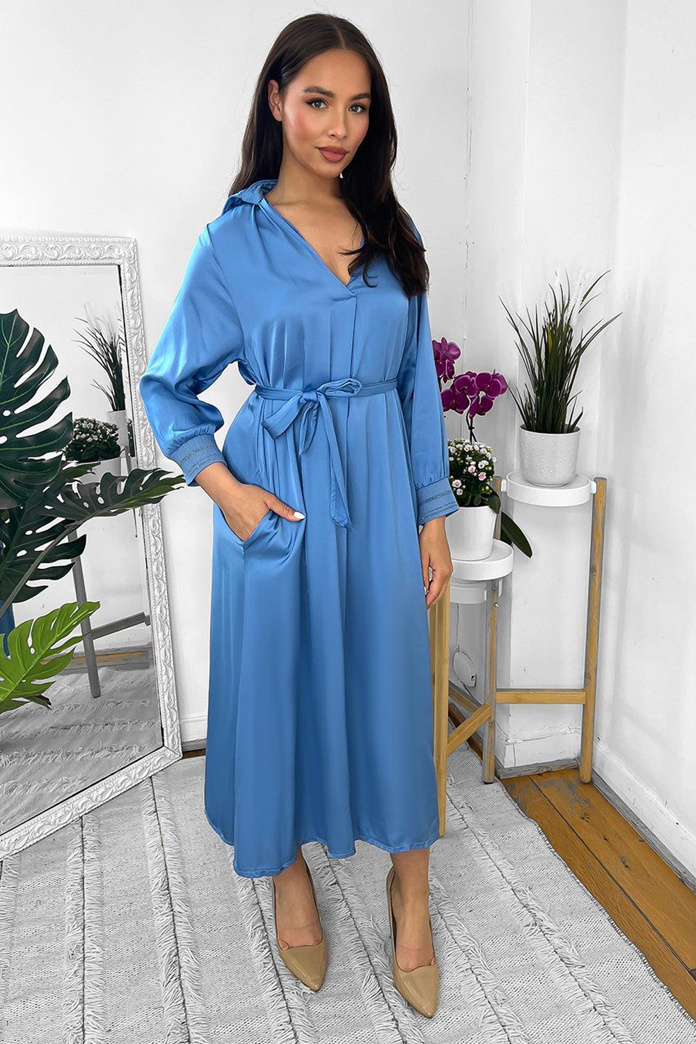 Silk Blend Satin Belted Midi Shirt Dress-SinglePrice