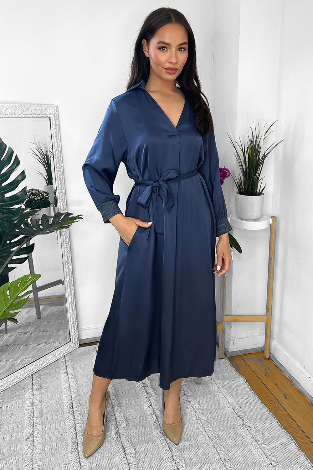 Silk Blend Satin Belted Midi Shirt Dress-SinglePrice