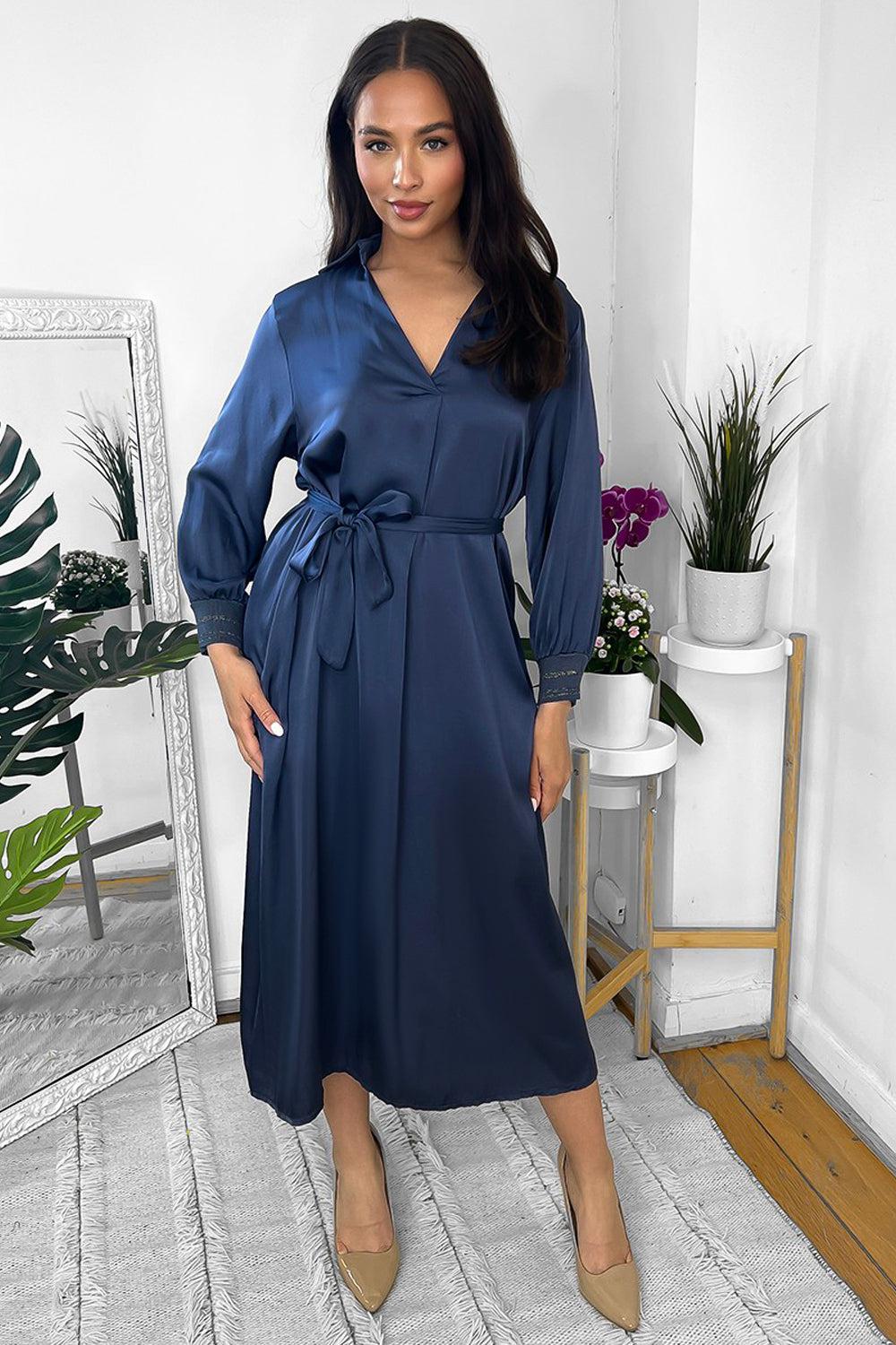 Silk Blend Satin Belted Midi Shirt Dress-SinglePrice