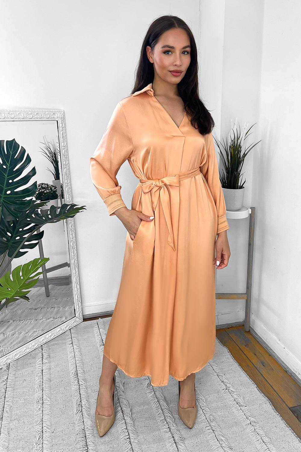 Silk Blend Satin Belted Midi Shirt Dress-SinglePrice