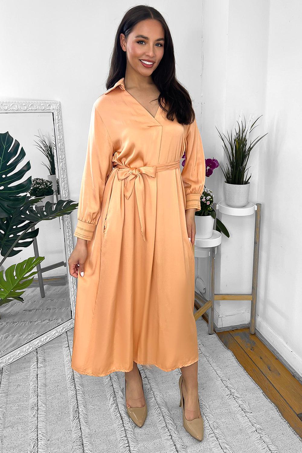 Silk Blend Satin Belted Midi Shirt Dress-SinglePrice