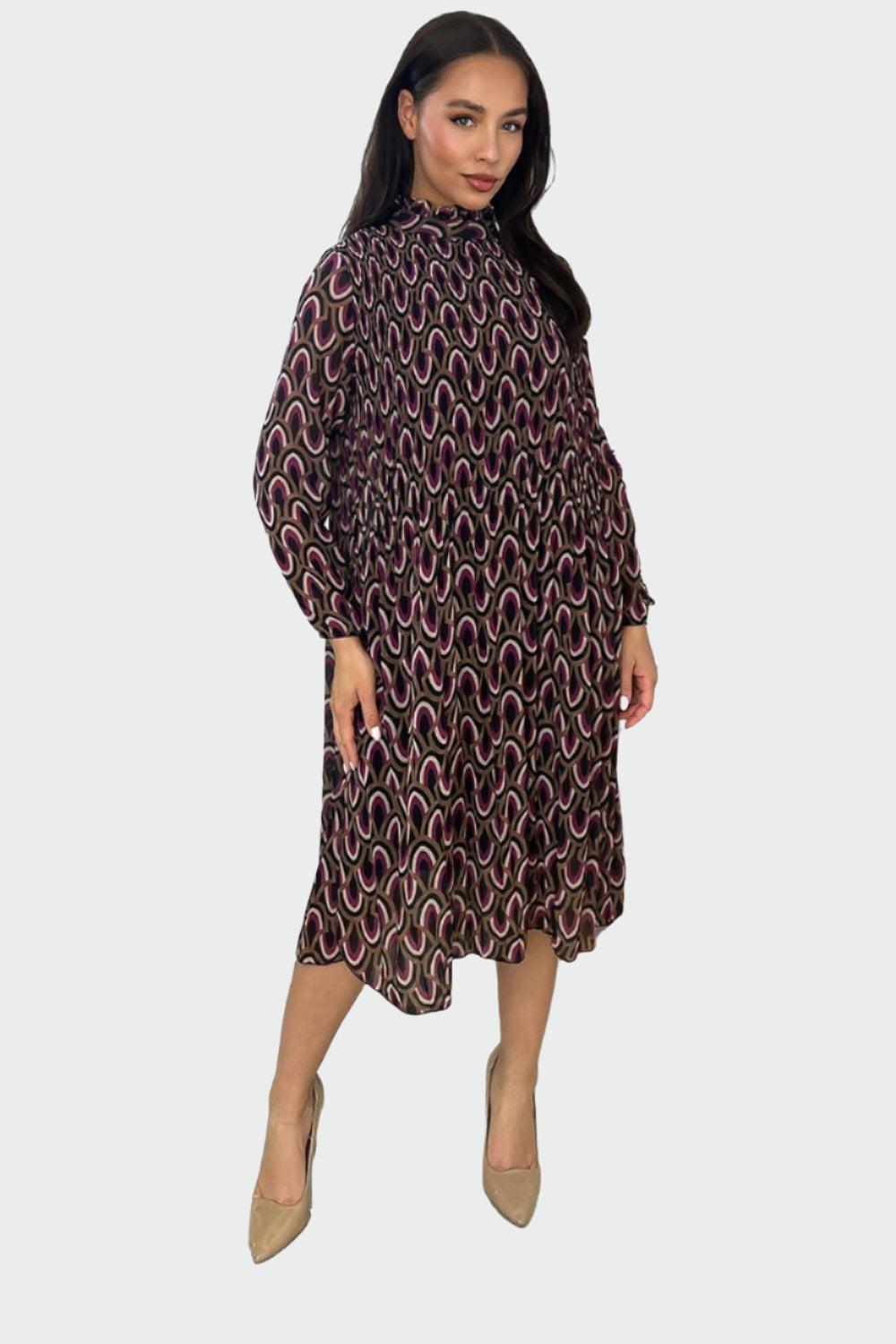 High Neck Pleated Chiffon Midi Dress-SinglePrice