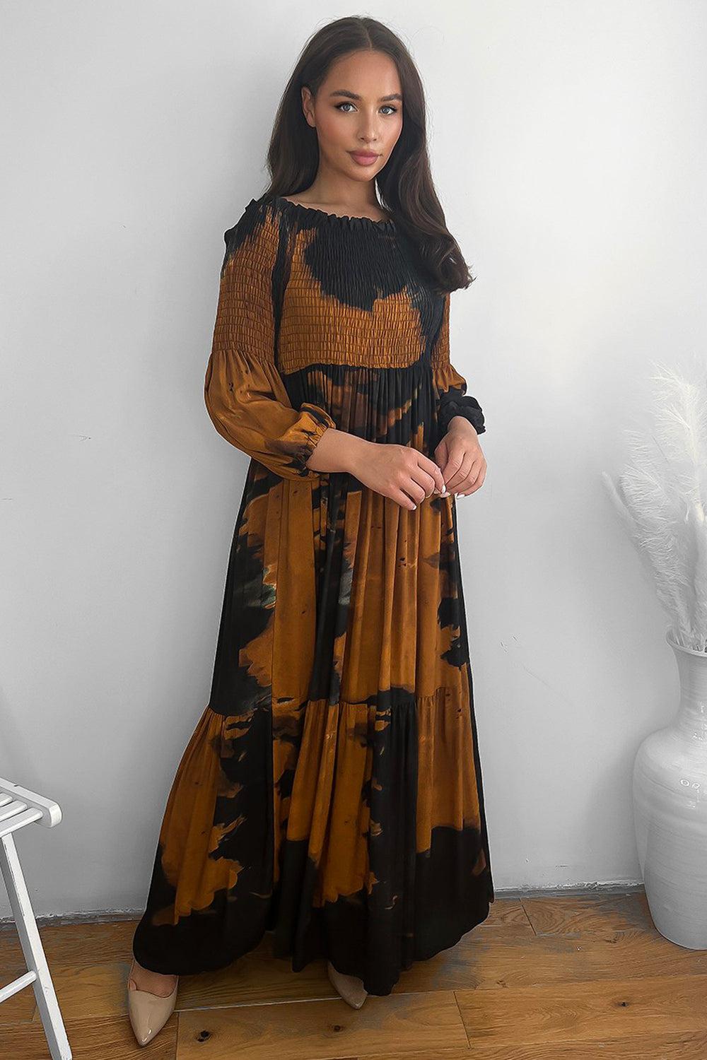 Abstract Tie Dye Print Shirred Off Shoulder Maxi Dress-SinglePrice