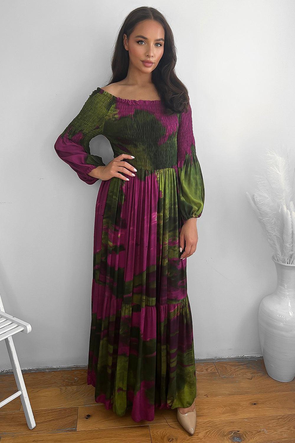 Abstract Tie Dye Print Shirred Off Shoulder Maxi Dress-SinglePrice