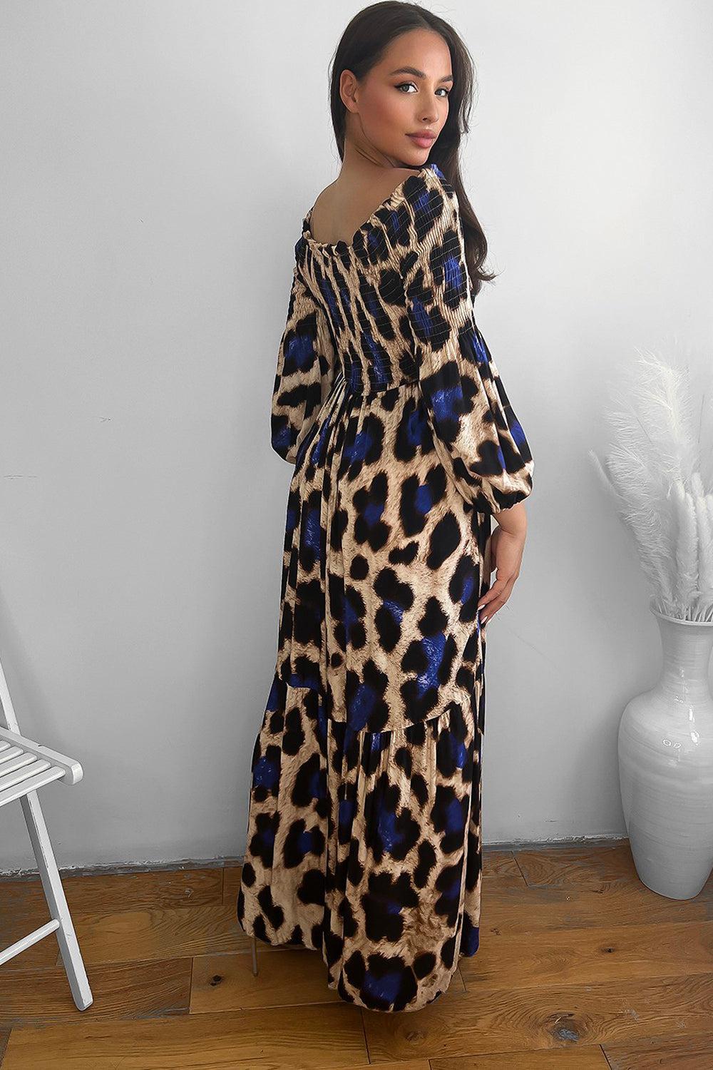 Leopard Print Shirred Off Shoulder Maxi Dress-SinglePrice