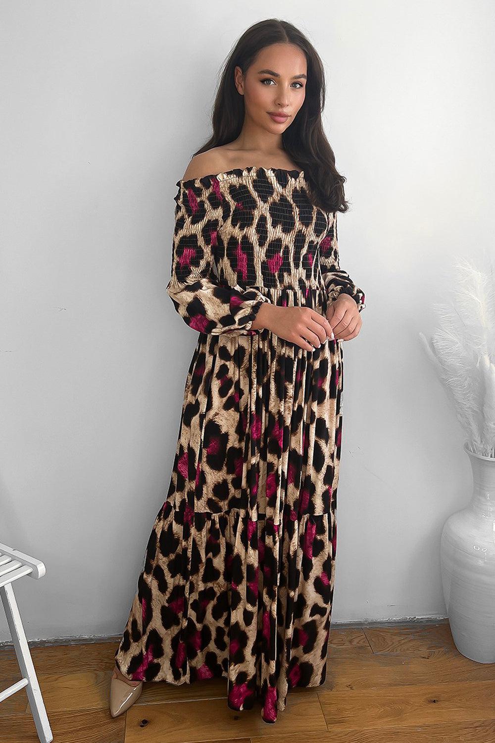 Leopard Print Shirred Off Shoulder Maxi Dress-SinglePrice