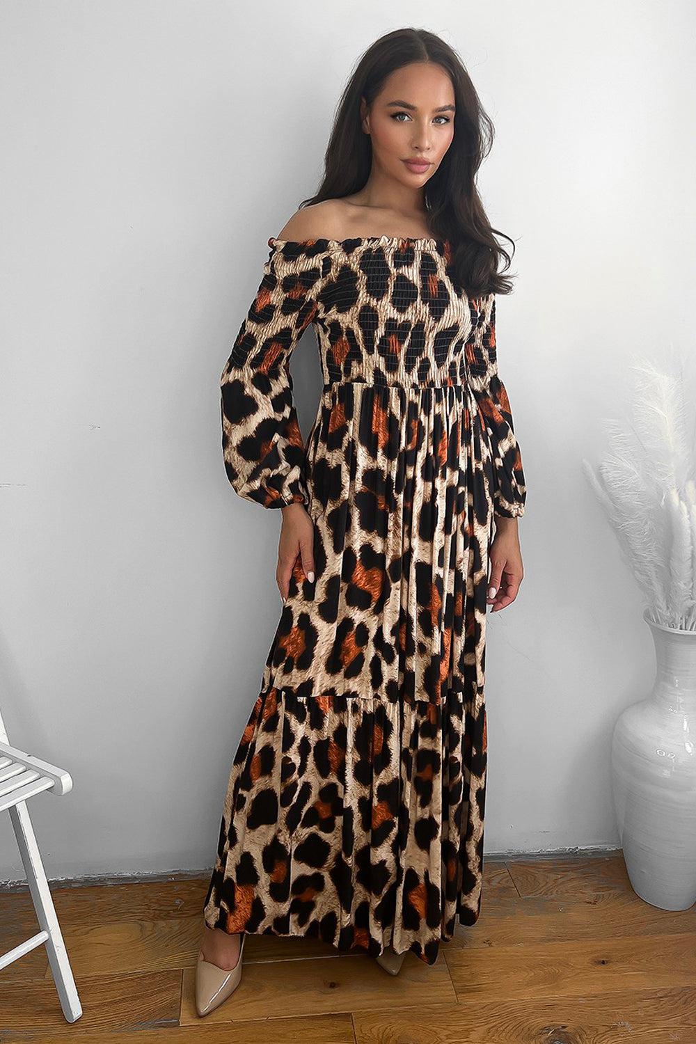 Leopard Print Shirred Off Shoulder Maxi Dress-SinglePrice