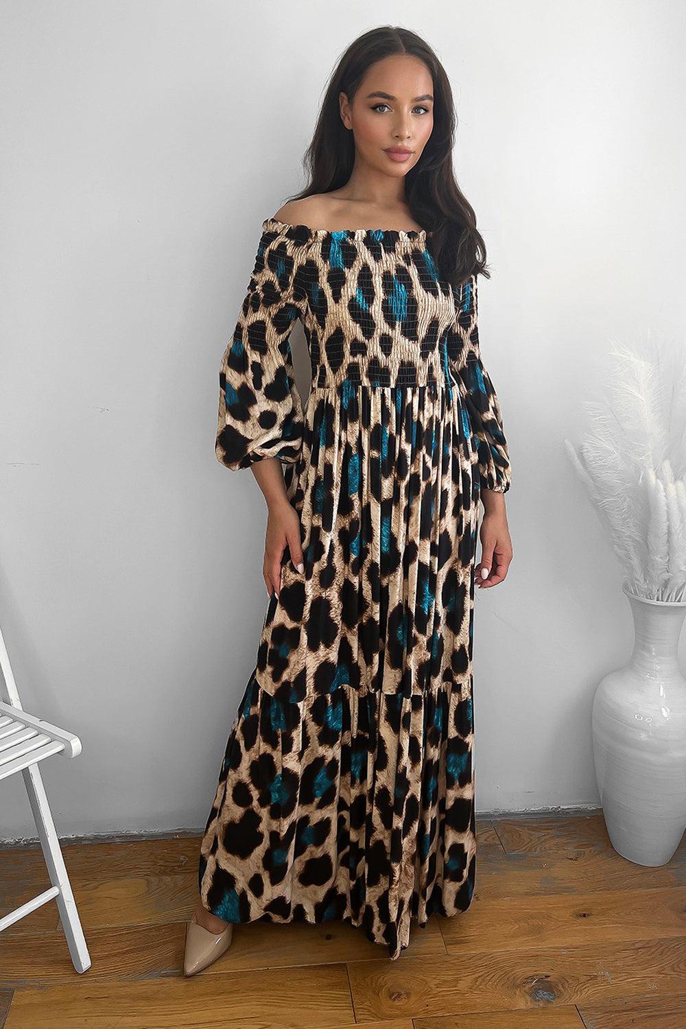 Leopard Print Shirred Off Shoulder Maxi Dress-SinglePrice