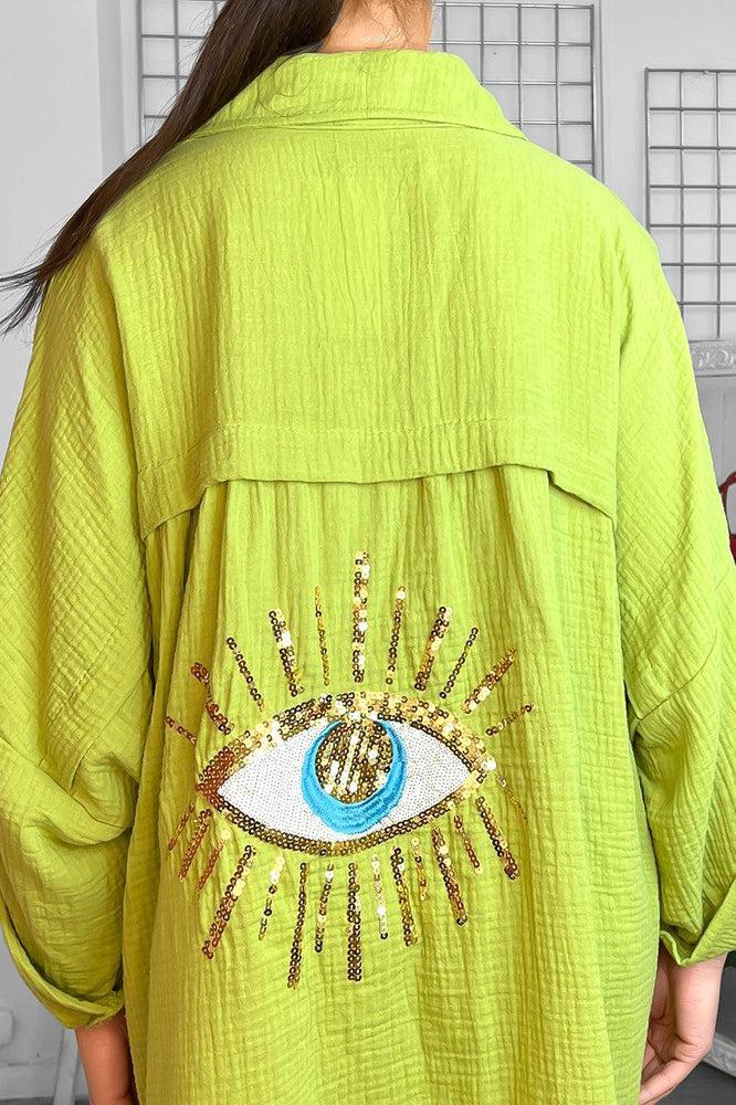 Waffle Fabric Embellished Eye Detail Shirt Dress-SinglePrice