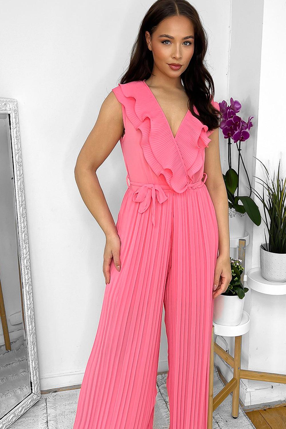 Frilled Front Sleeveless Chiffon Jumpsuit-SinglePrice