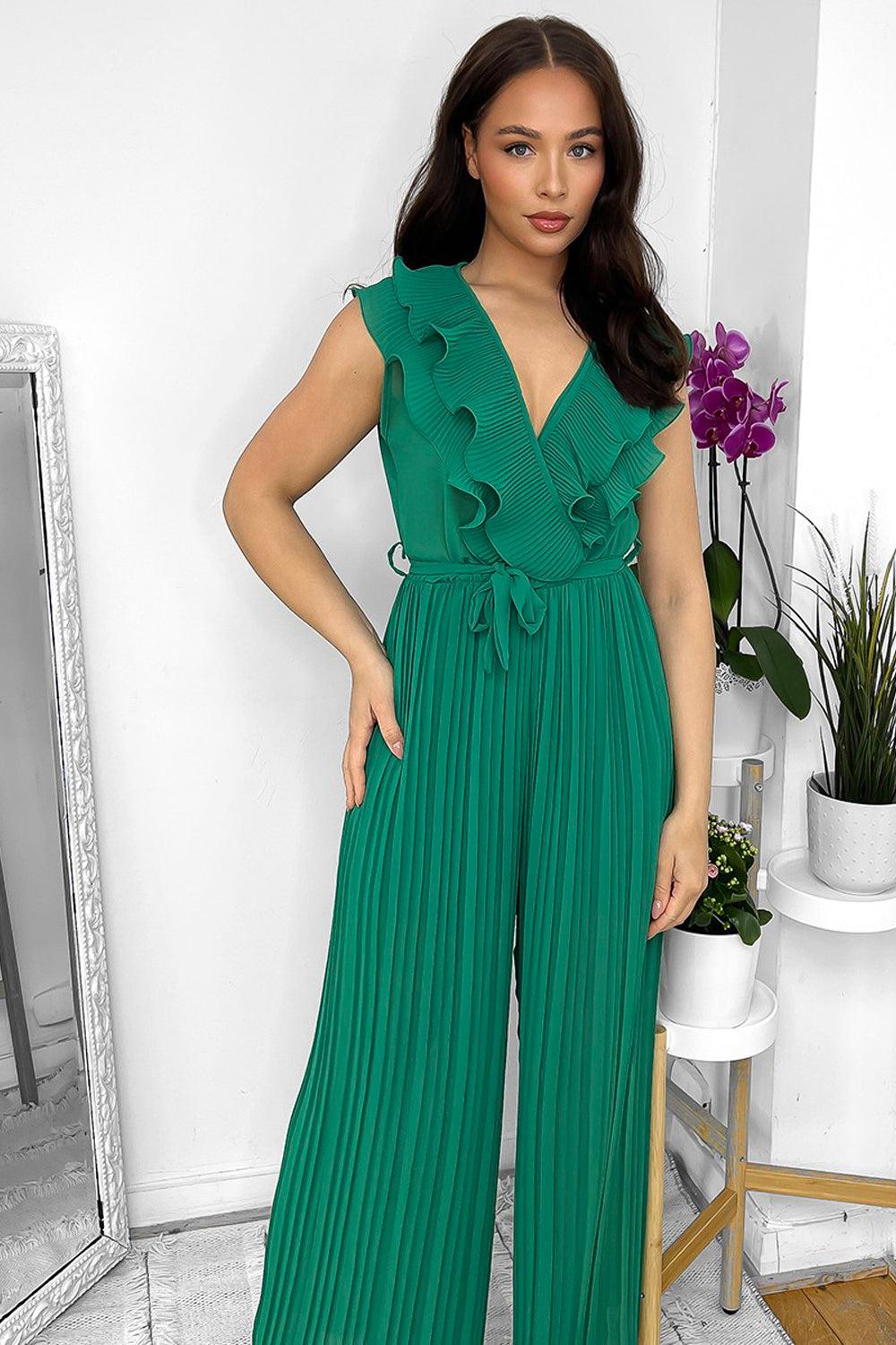 Frilled Front Sleeveless Chiffon Jumpsuit-SinglePrice