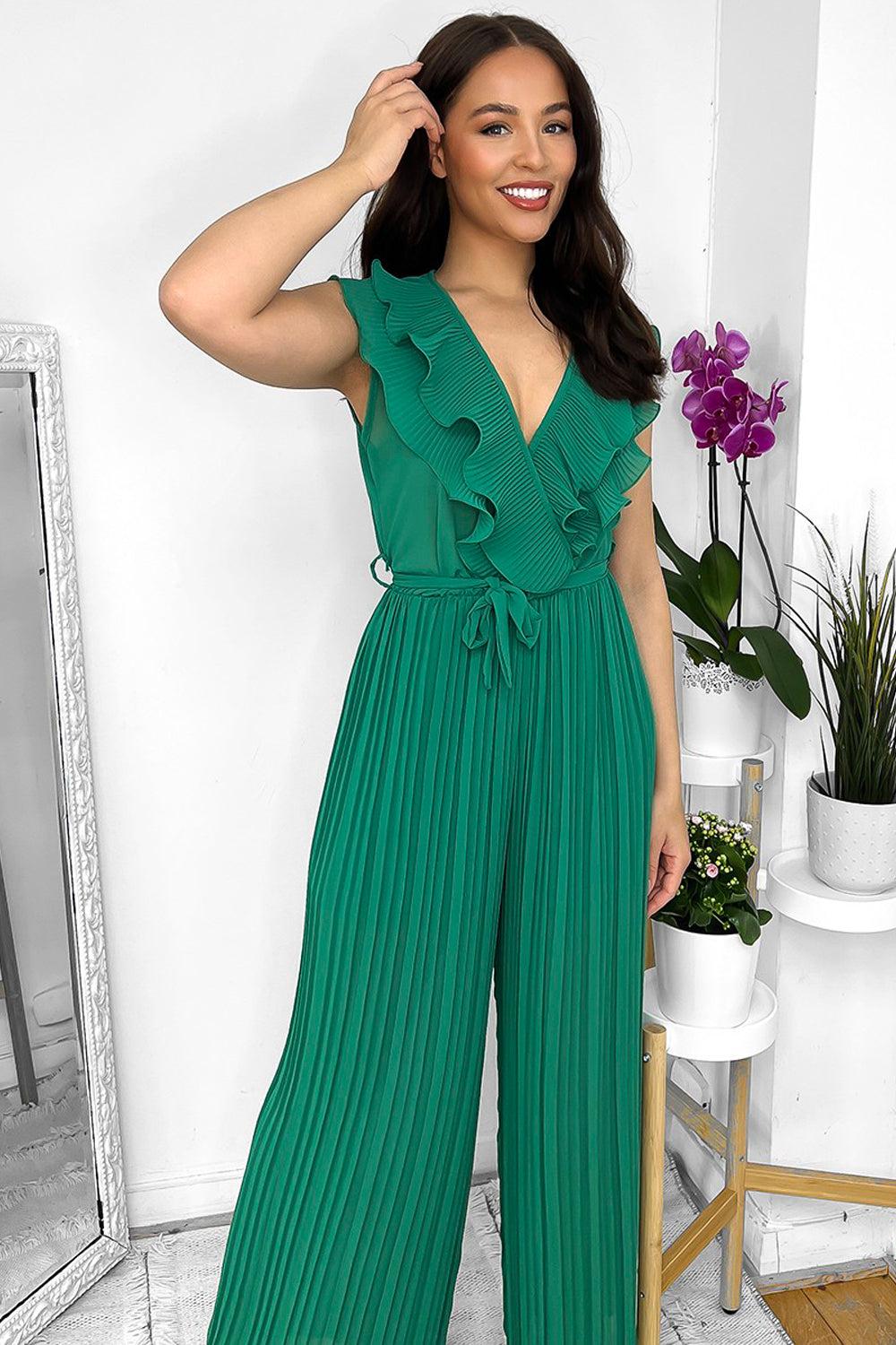 Frilled Front Sleeveless Chiffon Jumpsuit-SinglePrice