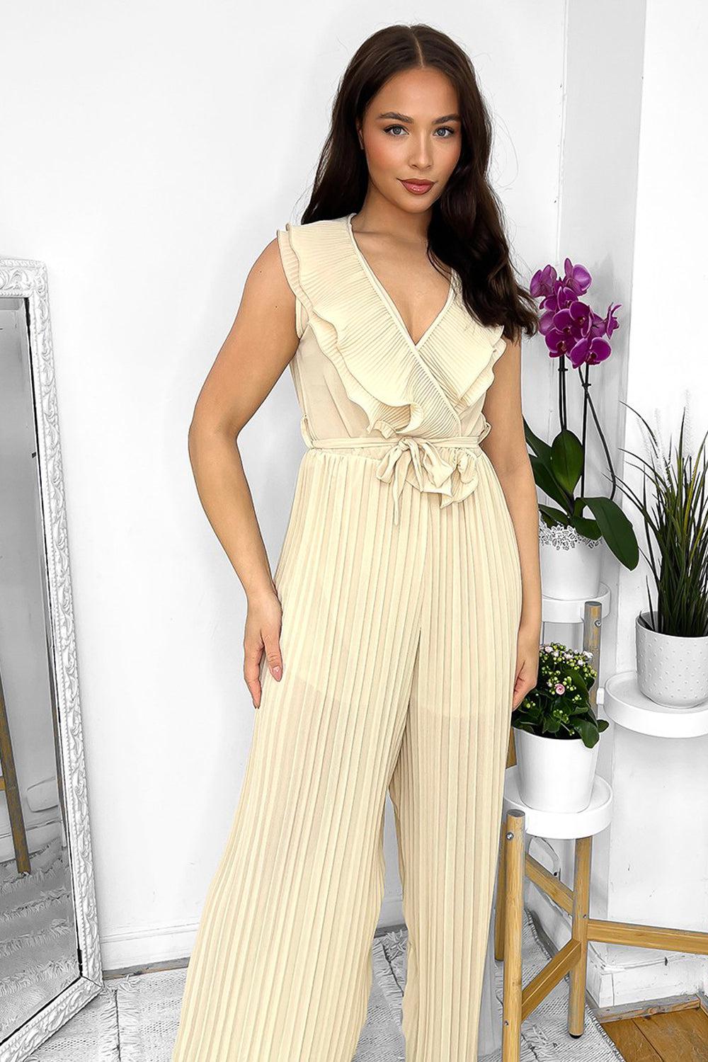 Frilled Front Sleeveless Chiffon Jumpsuit-SinglePrice