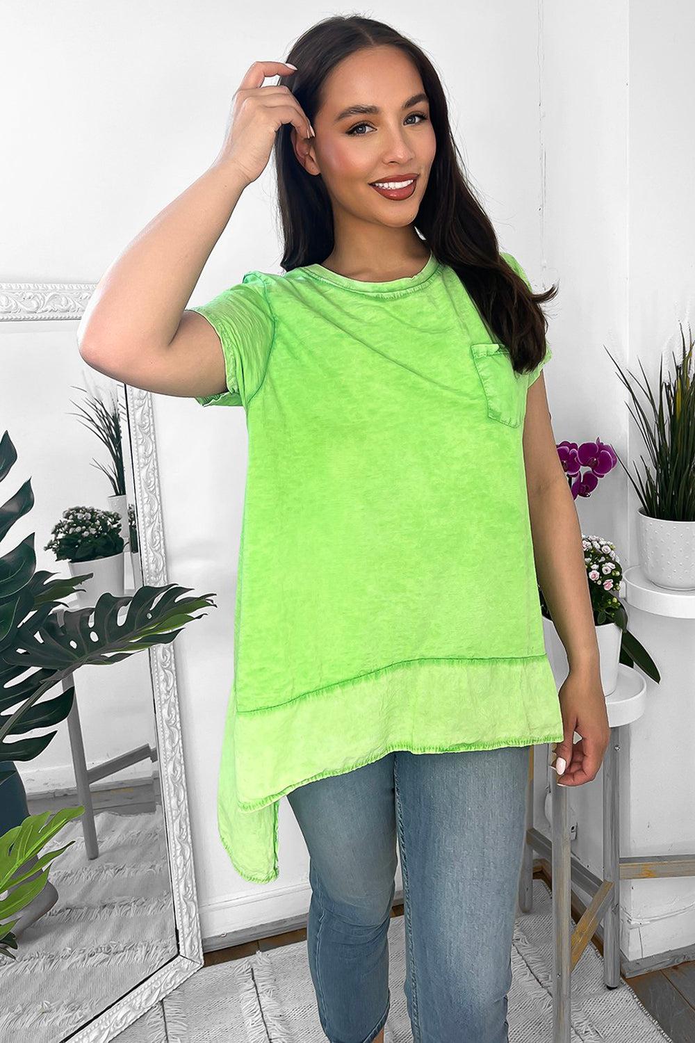 Green 100% Cotton Dipped Sides Hem Top-SinglePrice