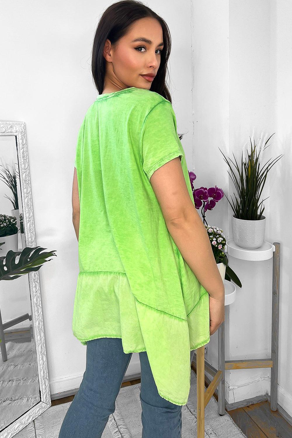 Green 100% Cotton Dipped Sides Hem Top-SinglePrice