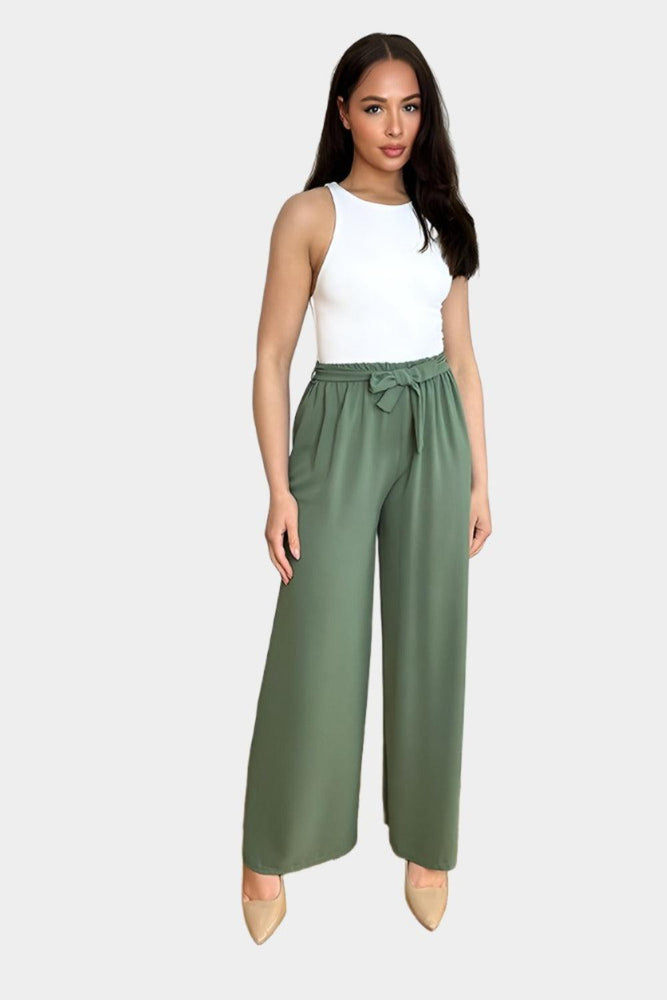 Elastic Waist Tie Wide Leg Trousers-SinglePrice