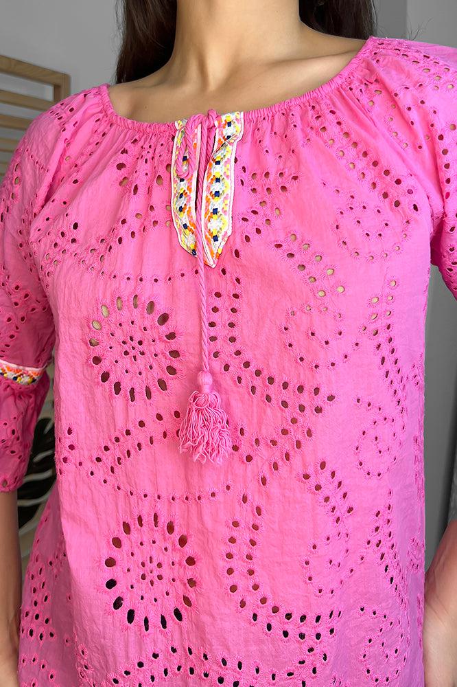 100% Cotton Hot Pink Perforated Tunic-SinglePrice