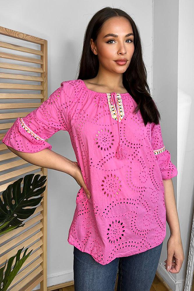 100% Cotton Hot Pink Perforated Tunic-SinglePrice