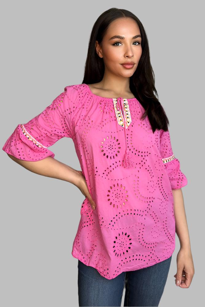 100% Cotton Hot Pink Perforated Tunic-SinglePrice