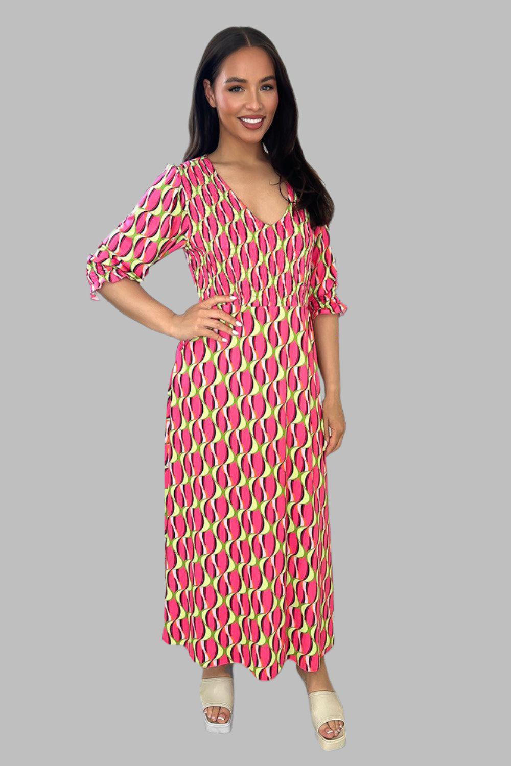 Abstract Print Shirred Top V-neck Midi Dress-SinglePrice